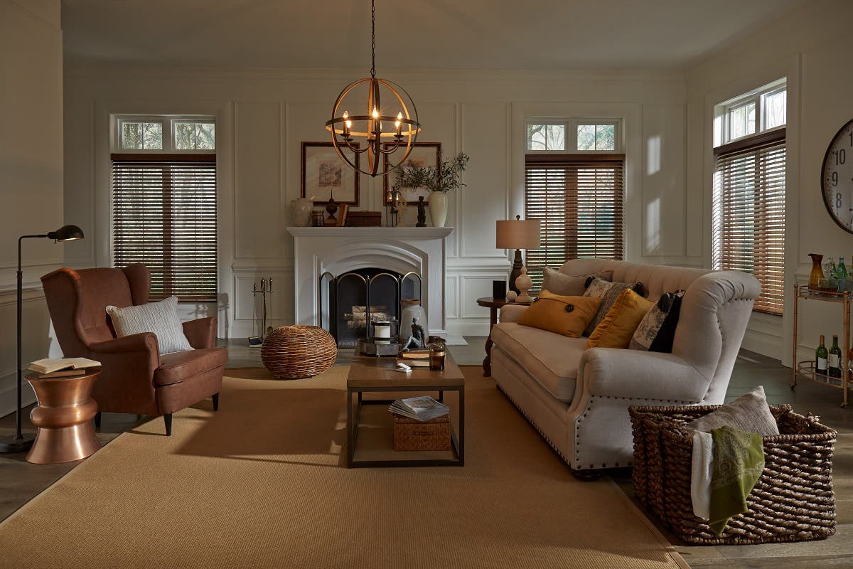 Living Room with Stained Wood Blinds in Walnut